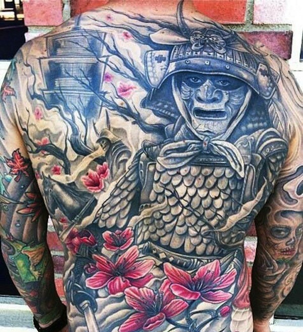Breathtaking natural looking detailed Asian samurai warrior tattoo on whole back with old house and flowers