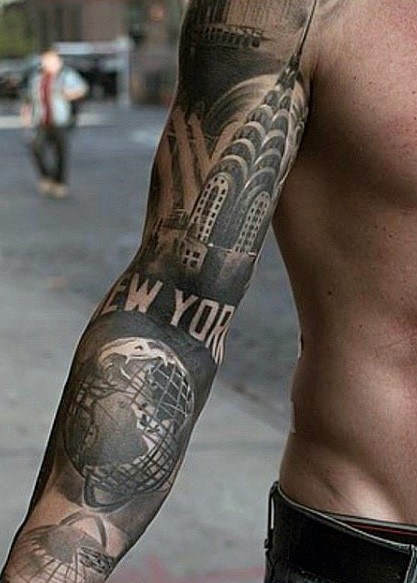 Breathtaking New York themed black ink sleeve tattoo