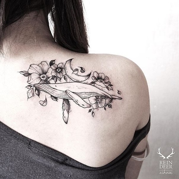 Breathtaking painted by Zihwa linework tattoo of big whale with flowers