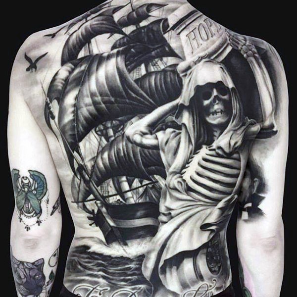 Breathtaking painted very detailed massive nautical tattoo with ship and skeleton on whole back