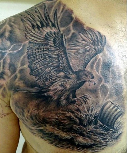 Breathtaking painted very detailed massive eagle attacking the ship tattoo on chest
