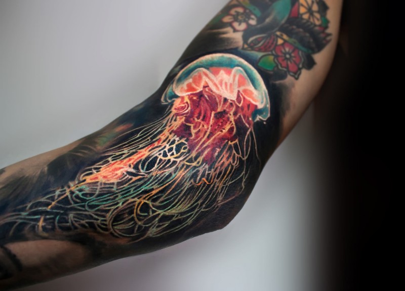 Breathtaking realism style colored arm tattoo of big jelly fish