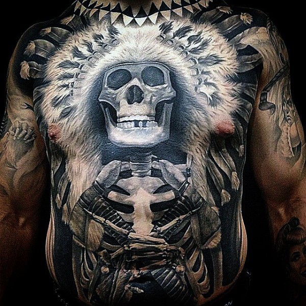Breathtaking realism style large whole chest and belly tattoo of Indian warrior skeleton with axes