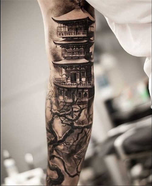 mozzafiato molto dettagliato casa asiatica bianca e nera tatuaggio su braccio