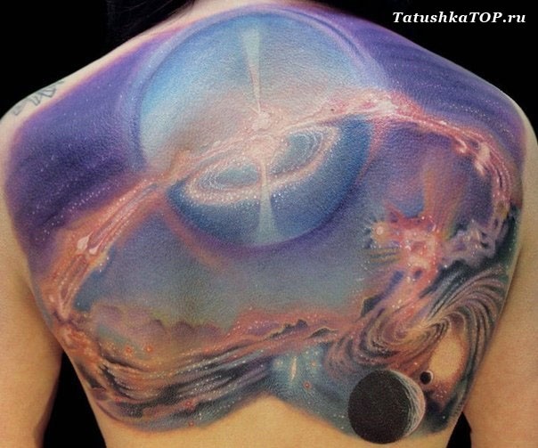 Breathtaking very detailed back tattoo of various planets