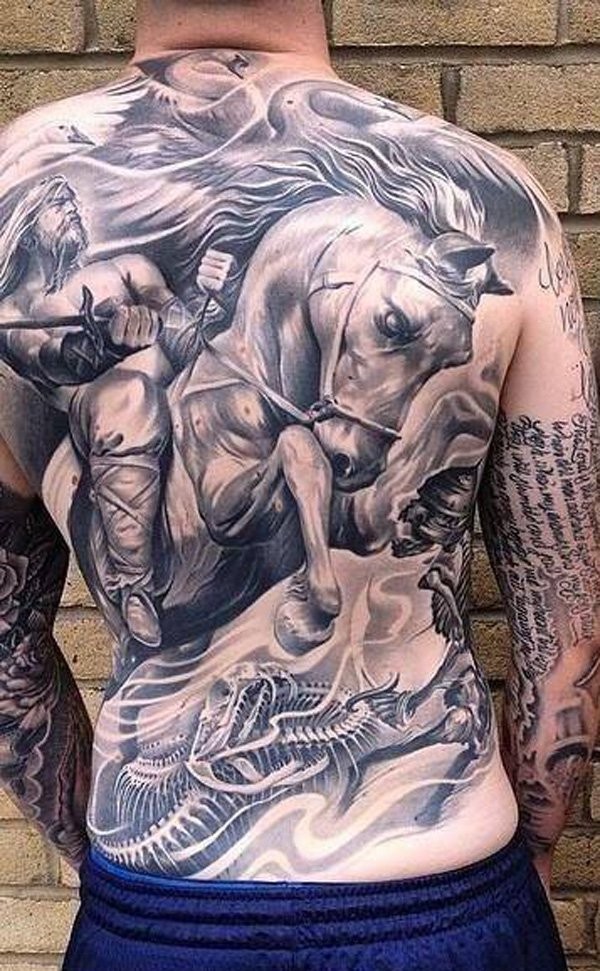 Breathtaking very detailed black and white antic horse rider tattoo on whole back combined with bone snake and swang