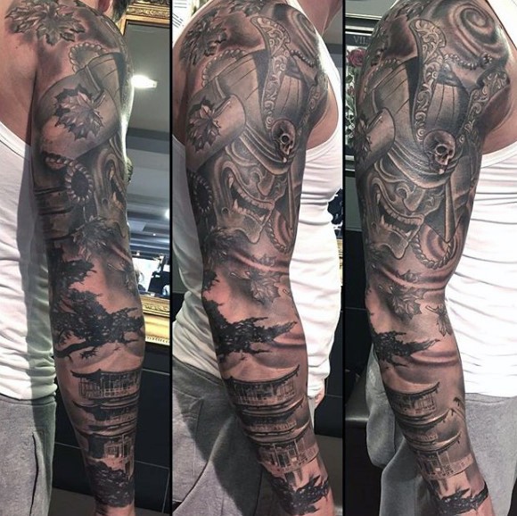 Breathtaking  very detailed black and white samurai helmet tattoo on sleeve combined with Asian house