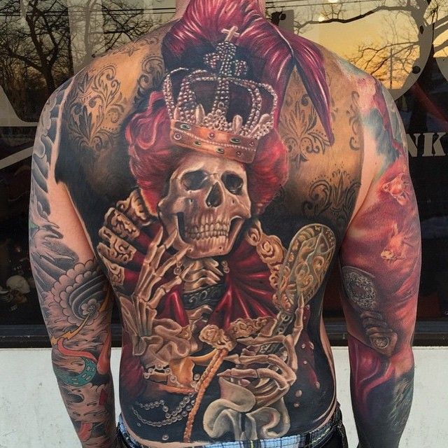 Breathtaking very detailed colored creepy skeleton queen tattoo on whole back