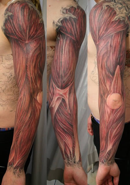 Tatuaje en el brazo completo, músculos sin piel, diseño muy asombroso y realista