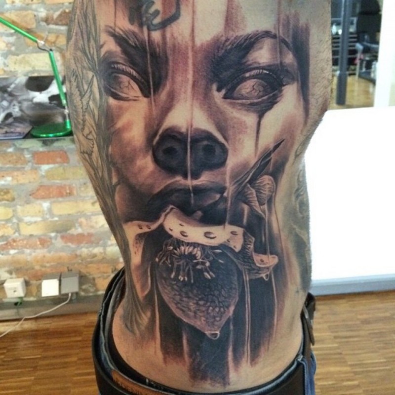 Breathtaking very detailed side tattoo of demonic woman face