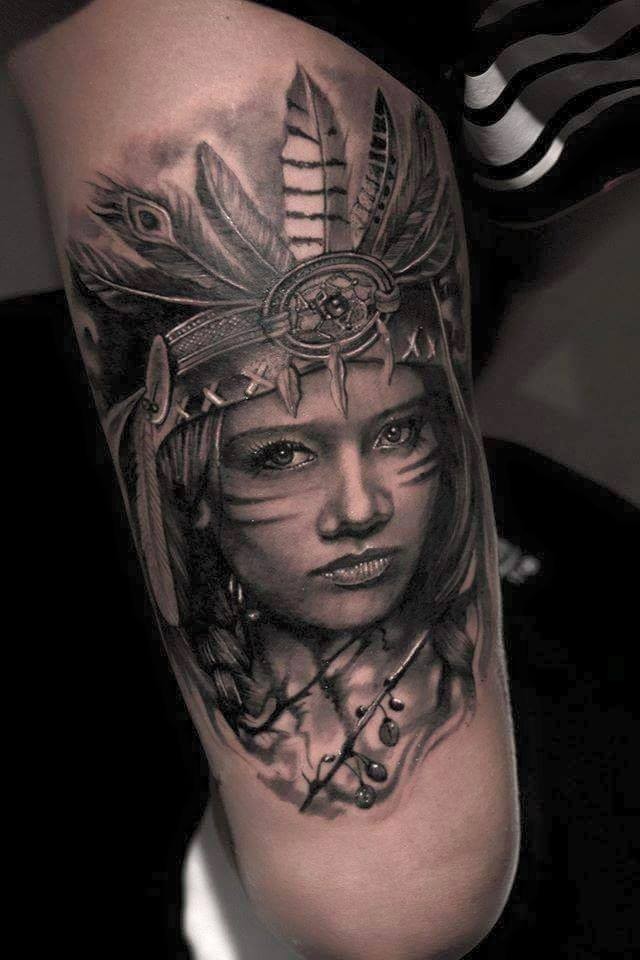 Breathtaking very detailed thigh tattoo of Indian woman with helmet