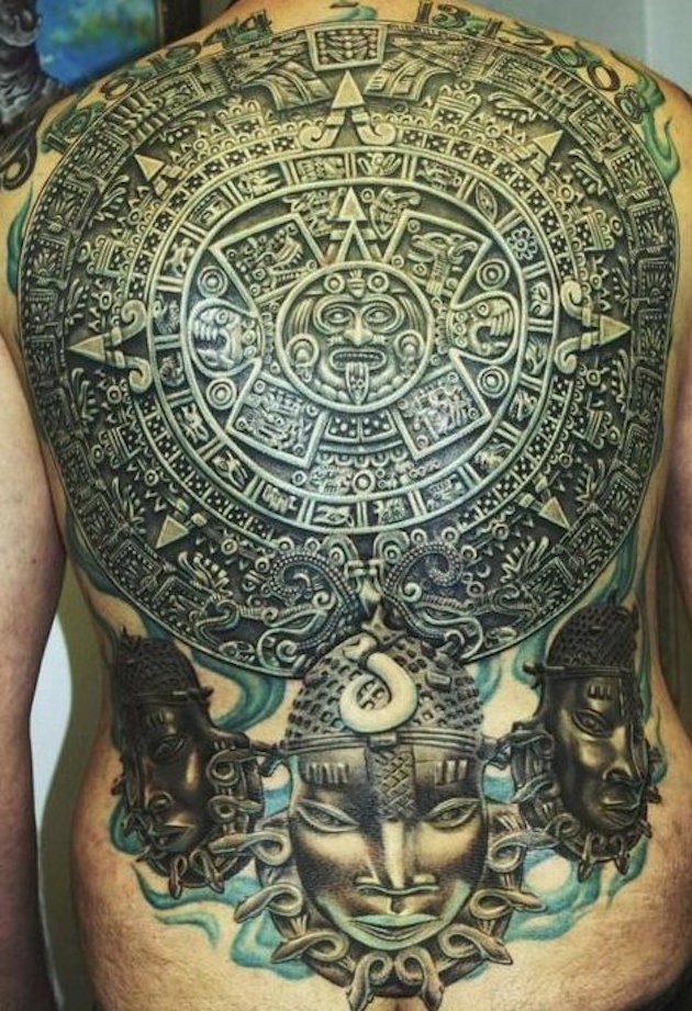 Breathtaking very detailed whole back tattoo of massive Mayan tablet with statues and numbers