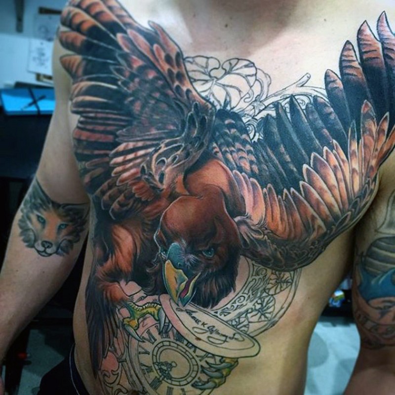 Breathtaking whole chest tattoo of detailed eagle and clock stylized with lettering
