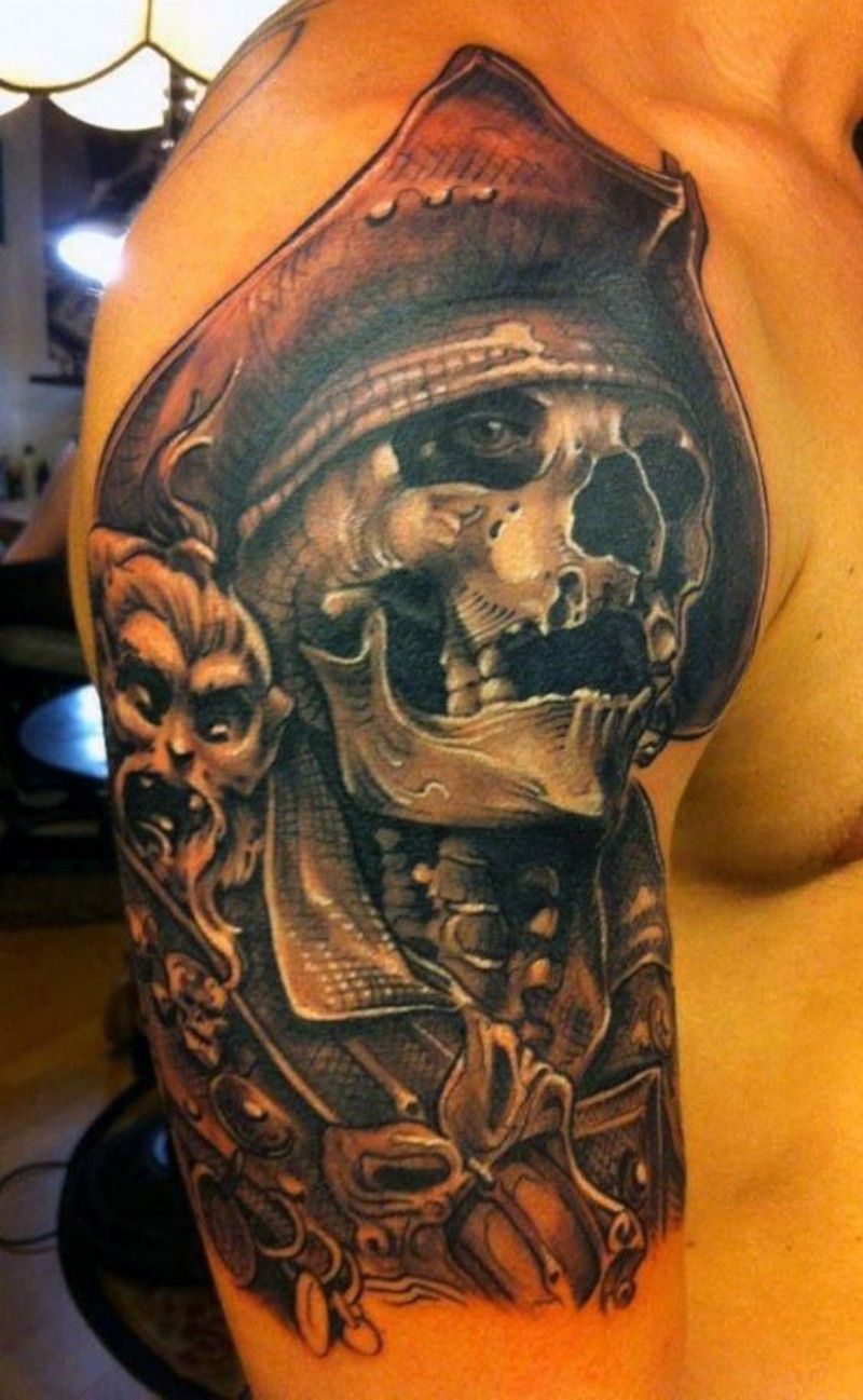 Brilliant designed and colored massive pirate skeleton shoulder tattoo with monkey