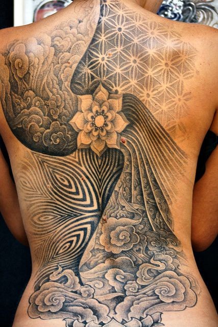 Brilliant designed and painted massive black and white floral tattoo with nice ornaments on whole back