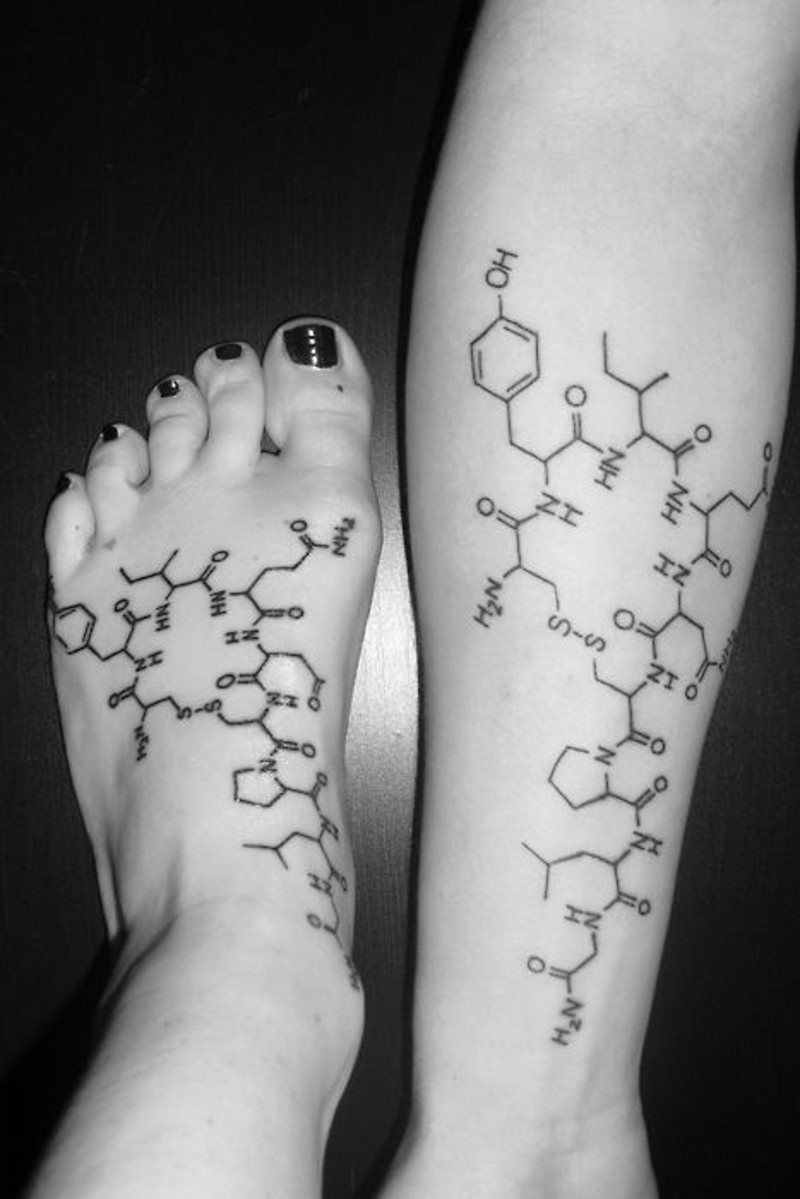 brillante disegno chimico elementi tatuaggio su gamba e braccio