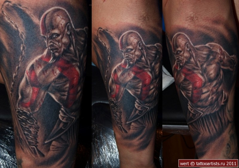 Brilliant detailed and colored forearm tattoo on bloody barbarian