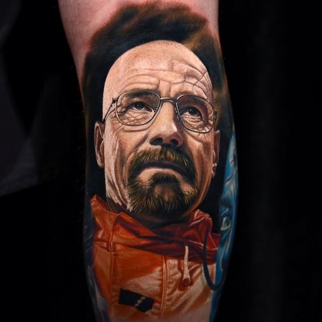 Tatuaje en la pierna,  retrato de Heisenberg volumétrico increíble