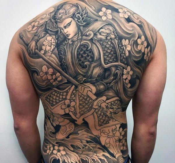 Brilliant detailed colored massive whole back tattoo of samurai warrior stylized with various flowers