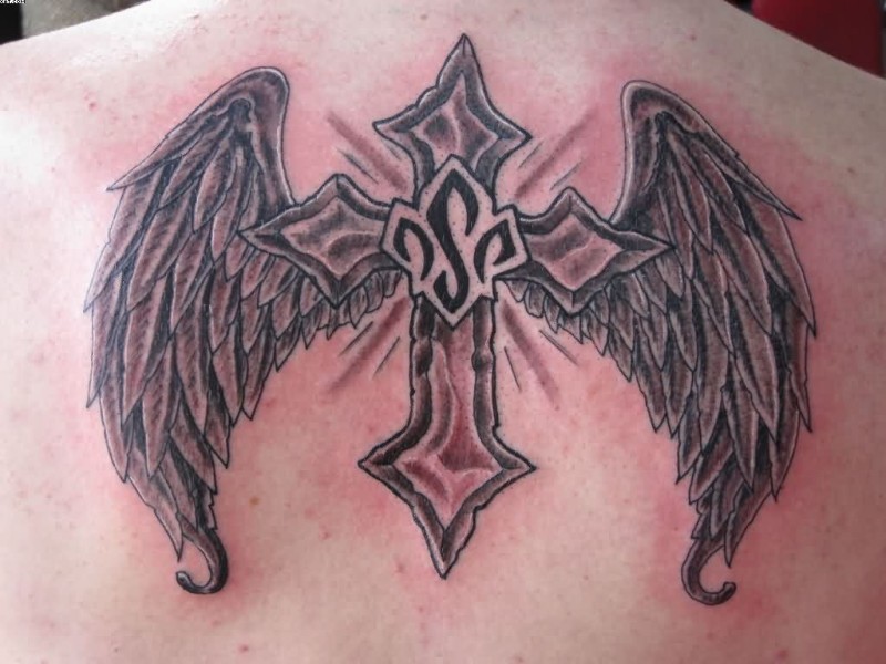 Brilliant painted big colored cross with wings and symbol tattoo on upper back