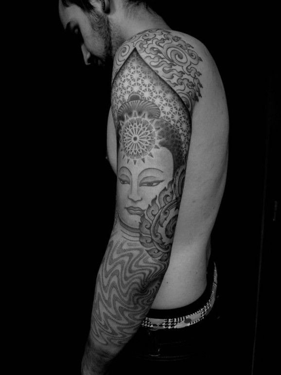 Buddha tattoo on whole arm for men