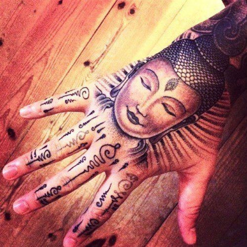 Buddhist face tattoo on wrist