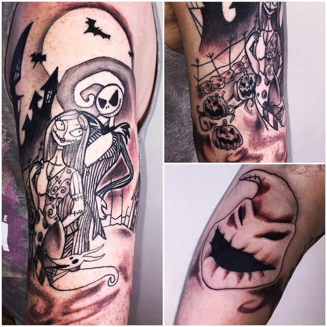Achtlos gemaltes schwarzes Schulter Tattoo von Monster Paar mit altem Schloss und Fledermäusen