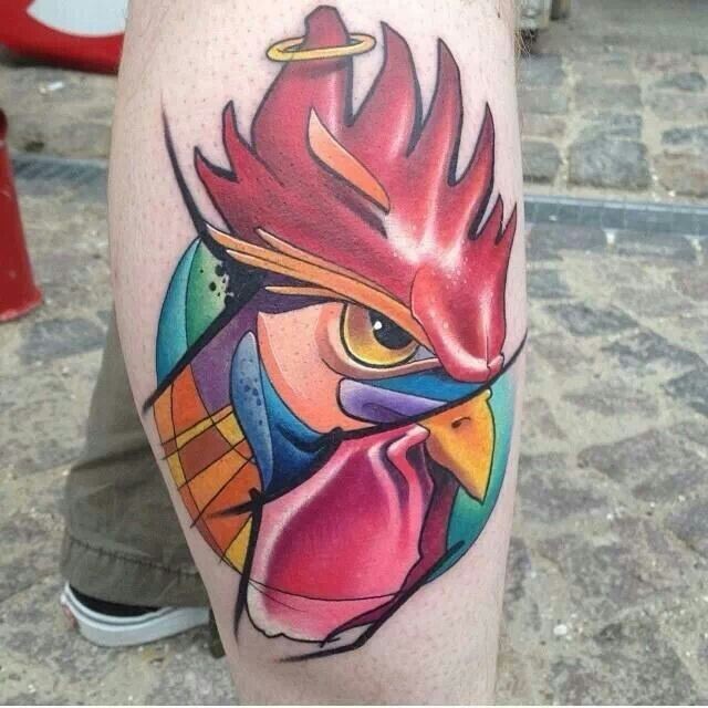Cartoon colored rooster tattoo for boys