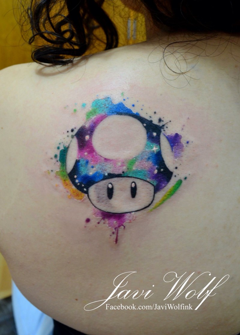 Cartoon hero in hat colored tattoo in watercolor style on girl&quots shoulder by Javi Wolf