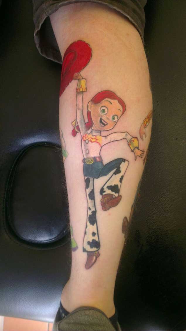 Cartoon heroine Jessie from Toy story joyful colorful tattoo