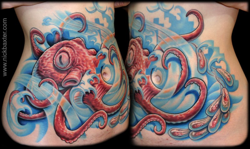 Cartoon like colored big octopus in waves tattoo on belly
