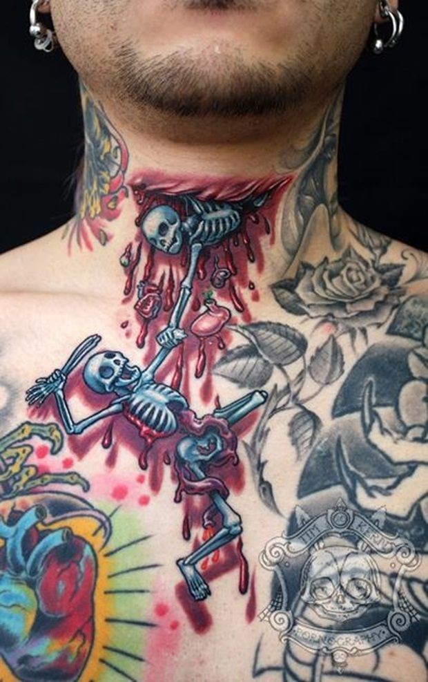 Cartoon like colored bloody skeletons tattoo on neck