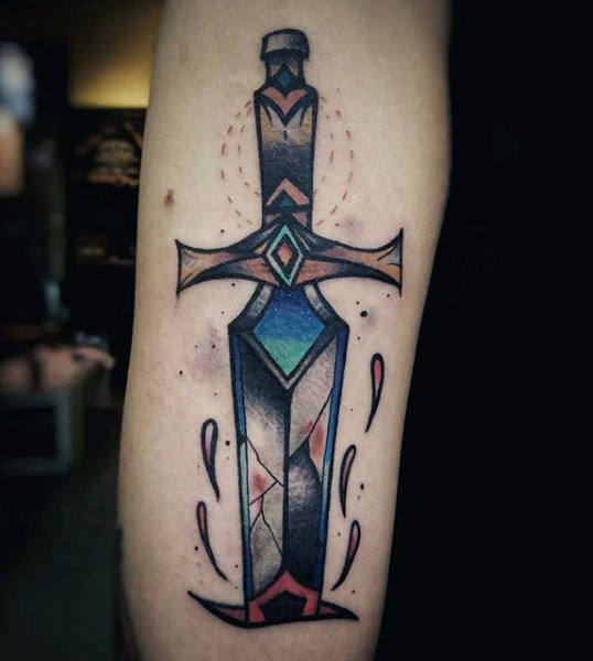 Cartoon like colored fantasy corrupted sword tattoo on arm