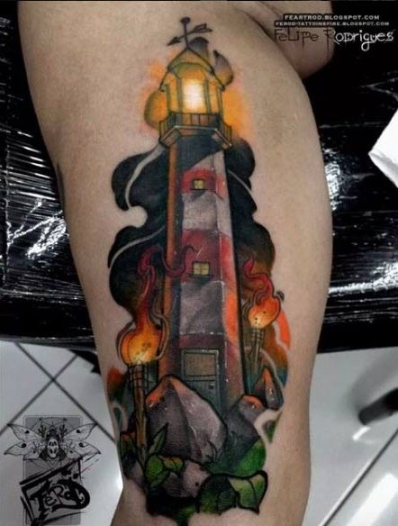 Cartoon like colored leg tattoo of lighthouse