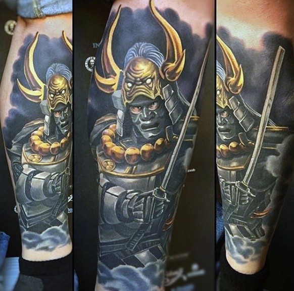 Cartoon like colored leg tattoo of fantasy samurai warrior