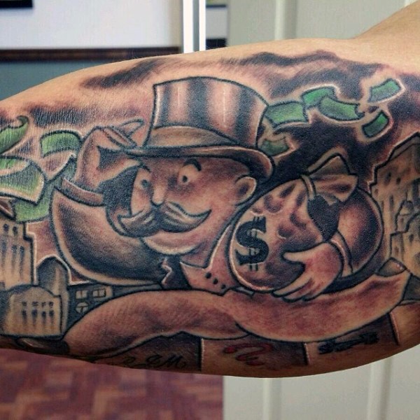 Cartoon like colored man with money bag tattoo on biceps