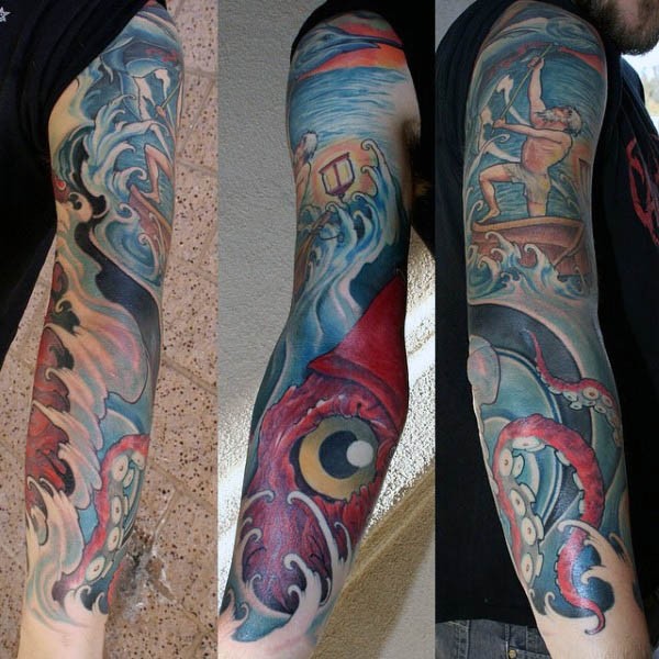 Cartoon like colored massive squid with fisherman tattoo on sleeve