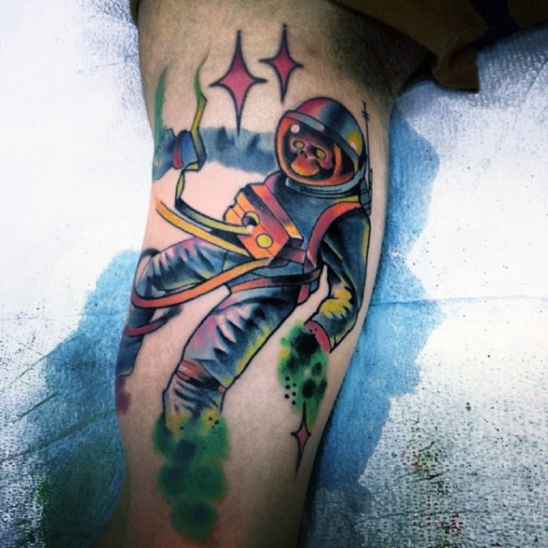 Cartoon like colored mystic dead spaceman tattoo on arm
