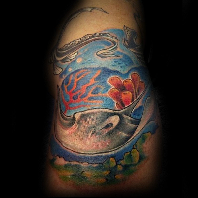 Cartoon like colored swimming ray tattoo with fishes