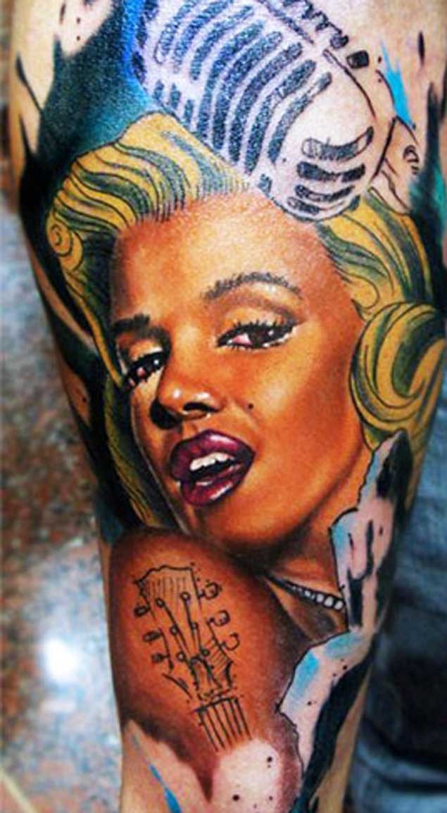 Cartoon like colorful Merlin Monroe portrait tattoo stylized with vintage microphone
