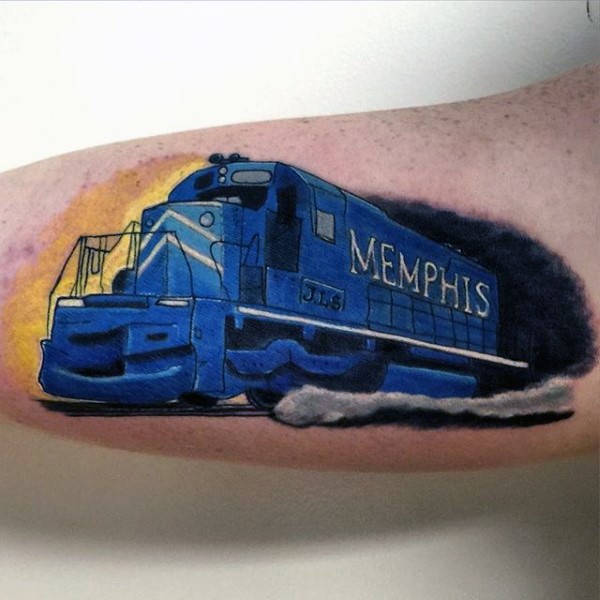 Cartoon like colorful modern train tattoo on arm