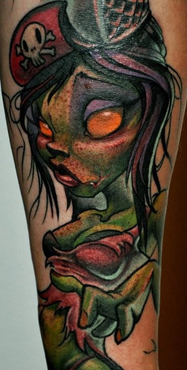 Cartoon like designed big colored zombie girl tattoo on leg