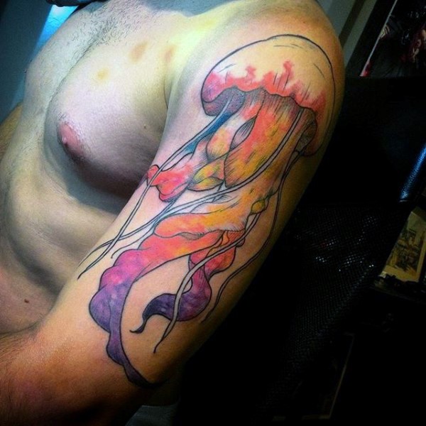Cartoon like fantasy colored jellyfish tattoo on half sleeve zone