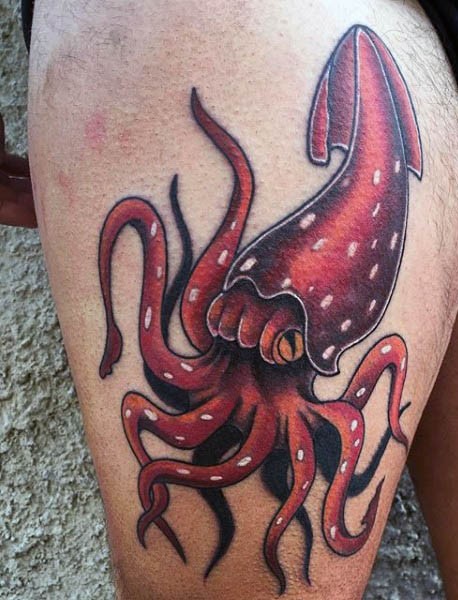 Cartoon like funny colored squid tattoo on thigh