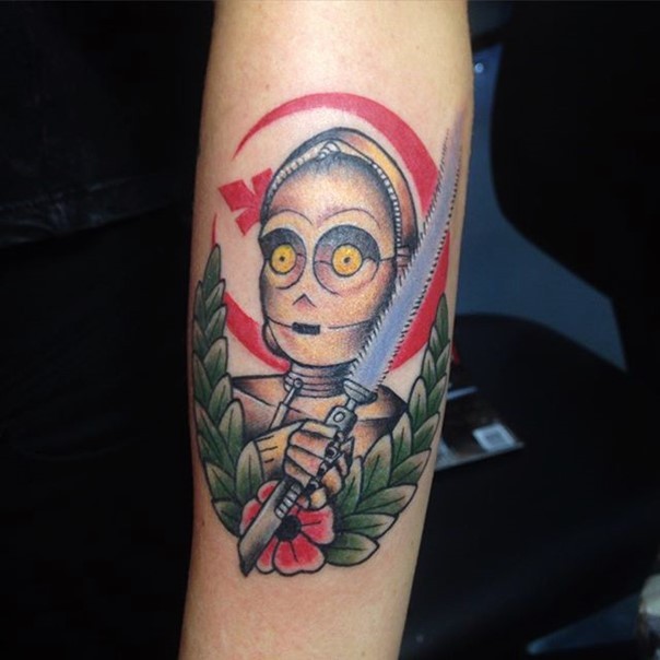 Cartoon like interesting painted colored forearm tattoo of C3PO with lightsaber