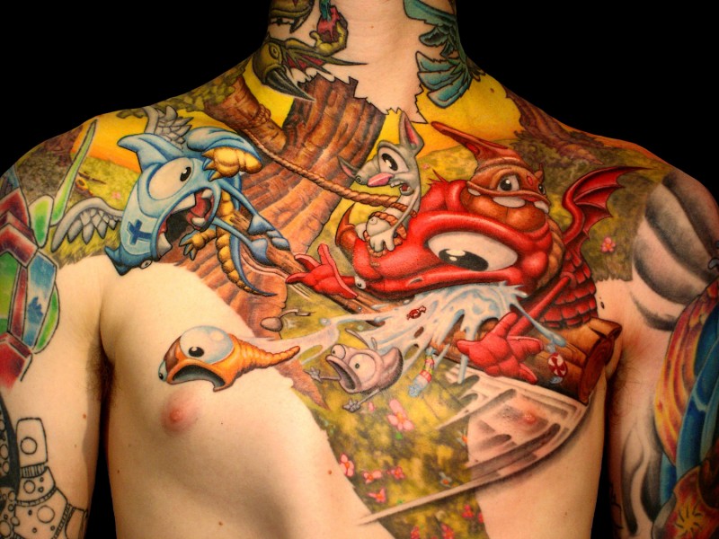 Cartoon like multicolored chest tattoo of various heroes