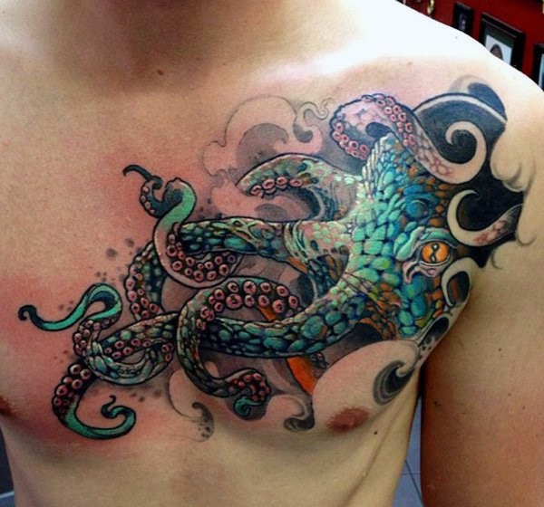 Cartoon like multicolored very detailed octopus tattoo on chest