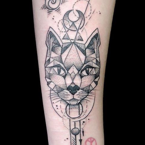 Imagens de desenhos animados como tatuagem de tinta preta de gato de estilo de ponto com planetas