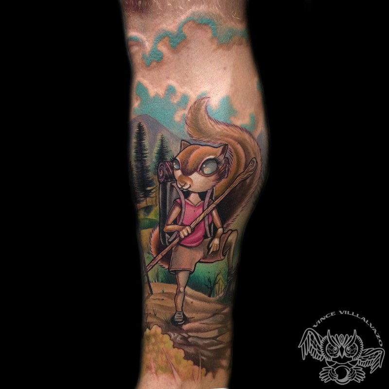 Cartoon squirrel walking on mountain colored tattoo with nature scenery