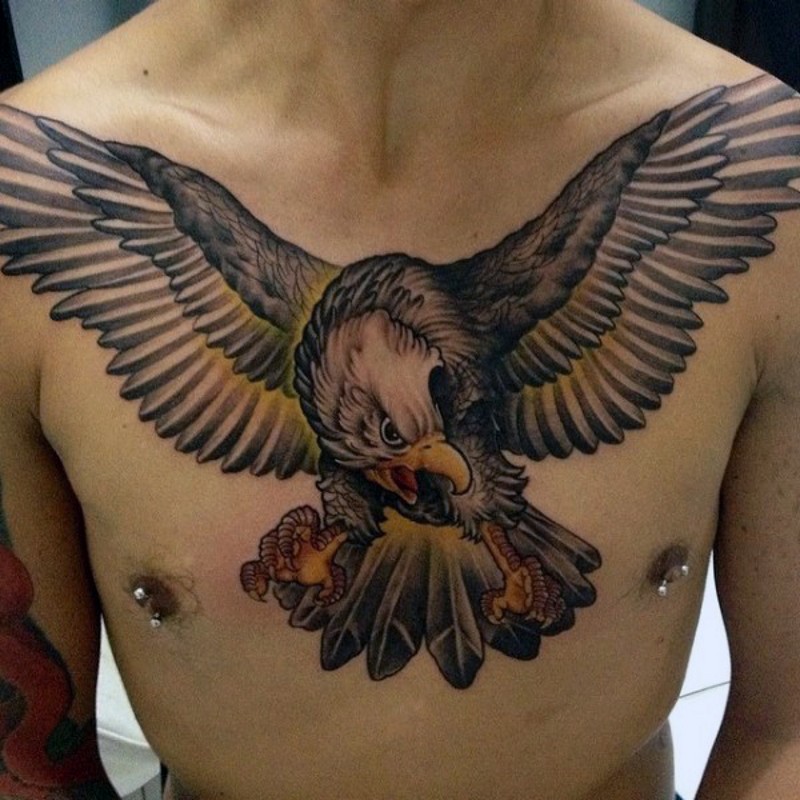 Cartoon style colored and detailed big flying eagle tattoo on chest
